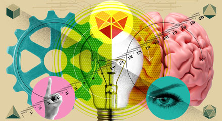 Illustration av bland annat en glödlampa, en hjärna, ett kugghjul och ett öga.