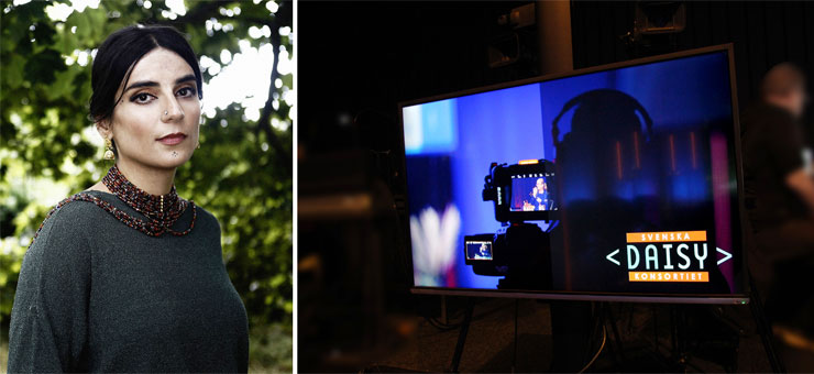 Kollage av två bilder. Till vänster en porträttbild av Balsam Karam. Till höger en skärm i ett mörkt rum. På skärmen syns en kameraman.