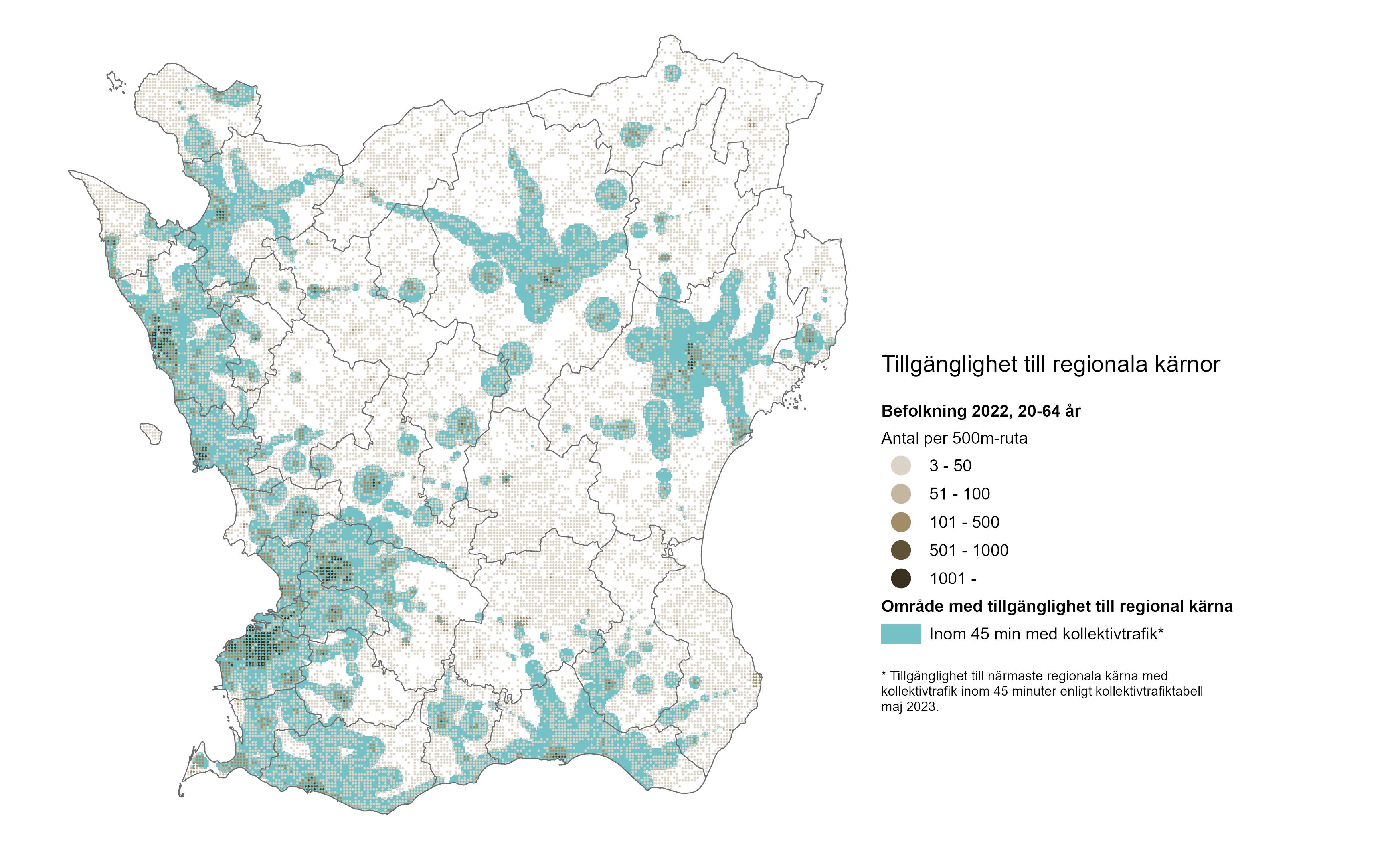 Karta som visar andelen av befolkningen som är 20-64 år gamla och har tillgänglighet till en regional kärna med kollektivtrafik inom 45 minuter.