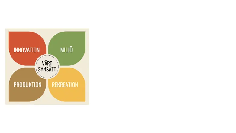 Fyrklöver som visar hur innovation, miljö, produktion och rekreation är en del av Skånsk skogsstrategis synsätt.