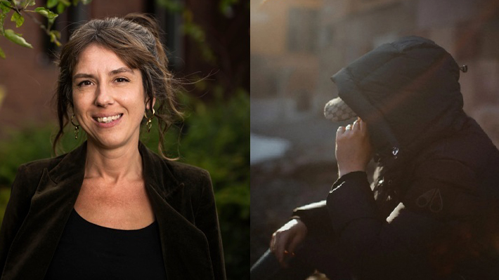 En bild på Lydia Wistisen, framifrån och Alex Khourie som sitter i profil med keps och luva, ansiktet dolt. 