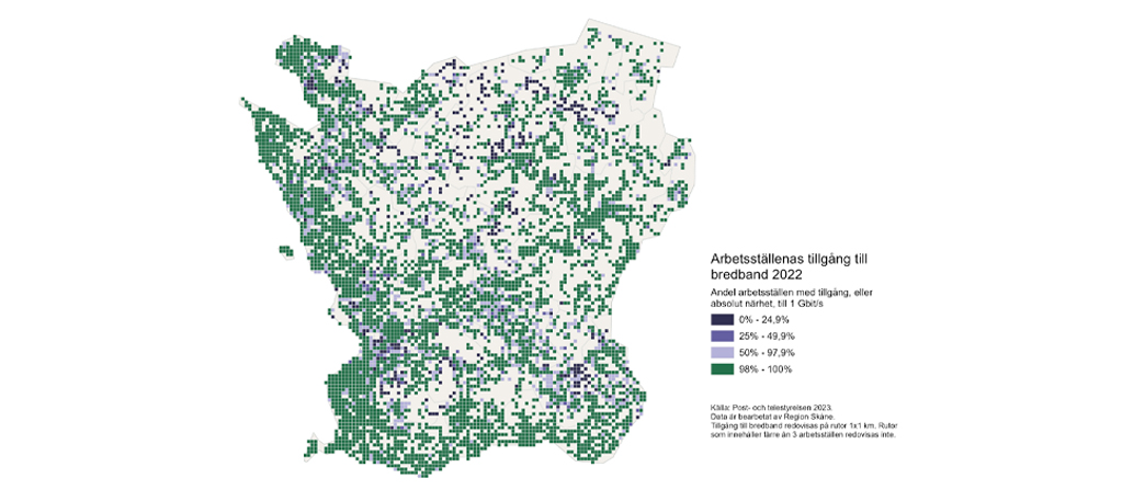 Karta som visar arbetsställens tillgång till bredband. 