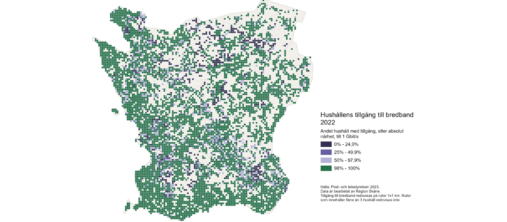 Karta visar tillgången till bredband för hushållen.