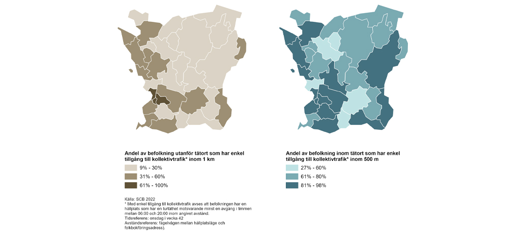 Två kartor av Skåne som visar  andelen som har tillgång till kollektivtrafik inom en kilometer. 