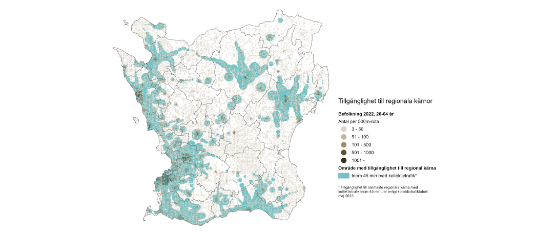 Skånekarta som visar hur tillgången till regionala kärnor är. 