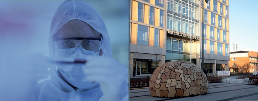 Bildcollage med en person i labb och en staty utanför sjukhus.