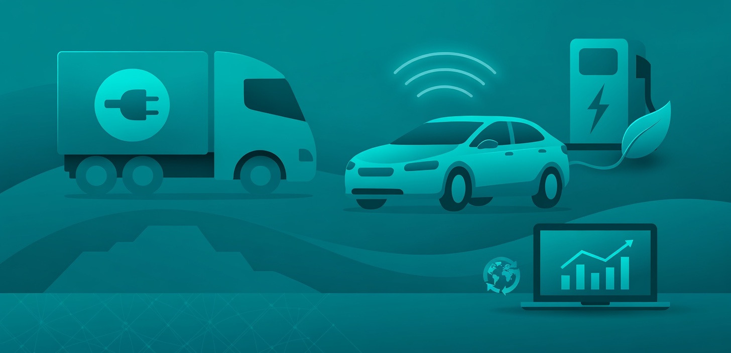 Bild med ikoner som en bil, lastbil, dator och laddstation för elbilar.