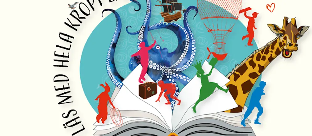 En tecknad bild med en uppslagen bok som det stiger upp allehanda fantasifulla figurer och saker ut, till exempel en giraff, dansande människor och en luftballong. Text i bilden som lyder: Läs med hela kroppen