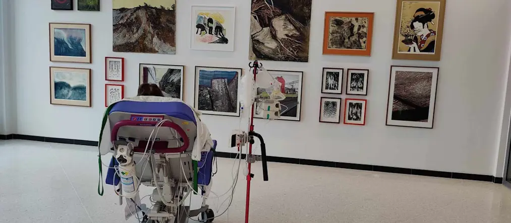 Framför en vägg av olika tavlor står en sjukhussäng. En person halvligger i sängen och tittar på tavlorna. Jämte sängen står en droppställning.