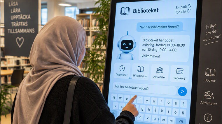 En person med sjal använder en stor digital skärm på ett bibliotek. På skärmen syns en chattfunktion där frågor om bibliotekets öppettider kan ställas.