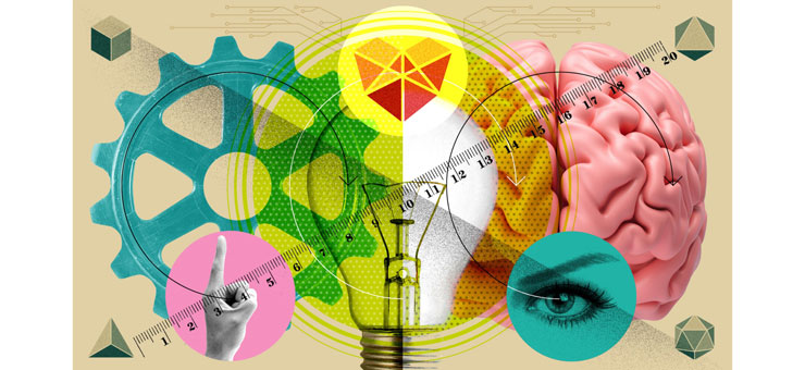 Illustration med bland annat en glödlampa, en hjärna, ett kugghjul och ett öga.