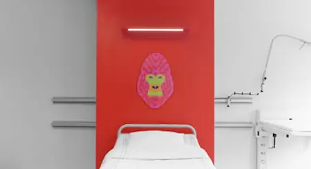 En röd vägg med en rosa målad gorilla bakom en sjukhussäng.
