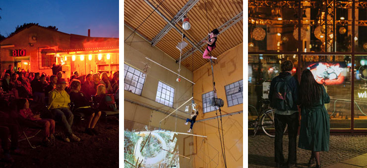 Collage, bild 1: publik, bild 2: dansöser i linor, bild 3: två personer som tittar på konst.