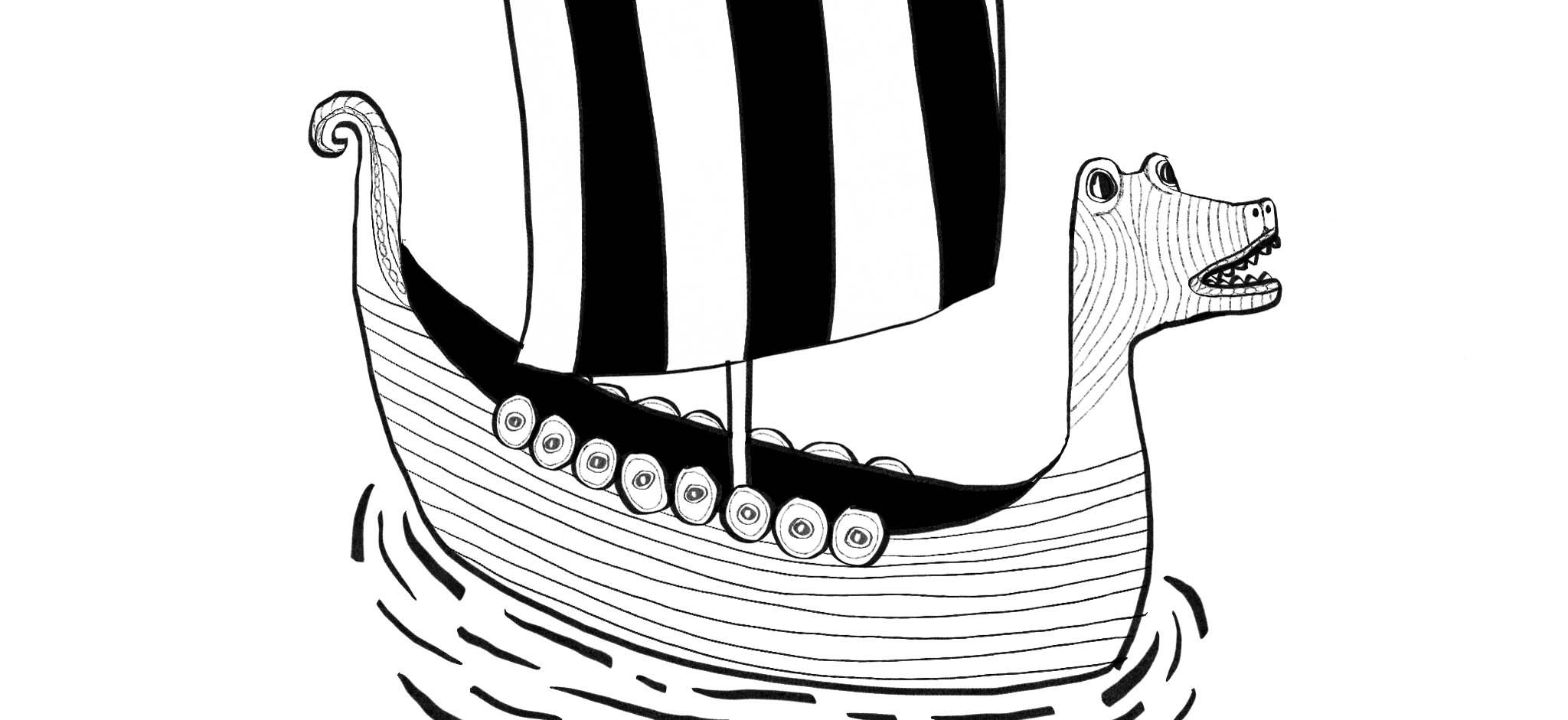 Logga föreställande vikingabåt i svartvitt med sköldar på sidan och drakhuvud framtill.