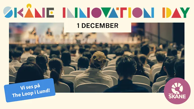 Bild på personer i publik och grafik runt bild med text: Skåne Innovation Day.