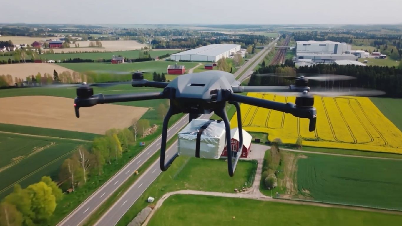 Drönare flyger över åkrar.