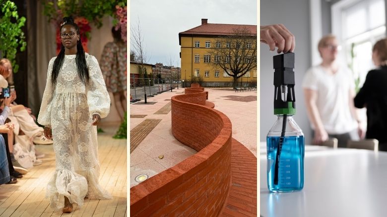 Bildkollage på modevisning, arkitektur och miljörpris.