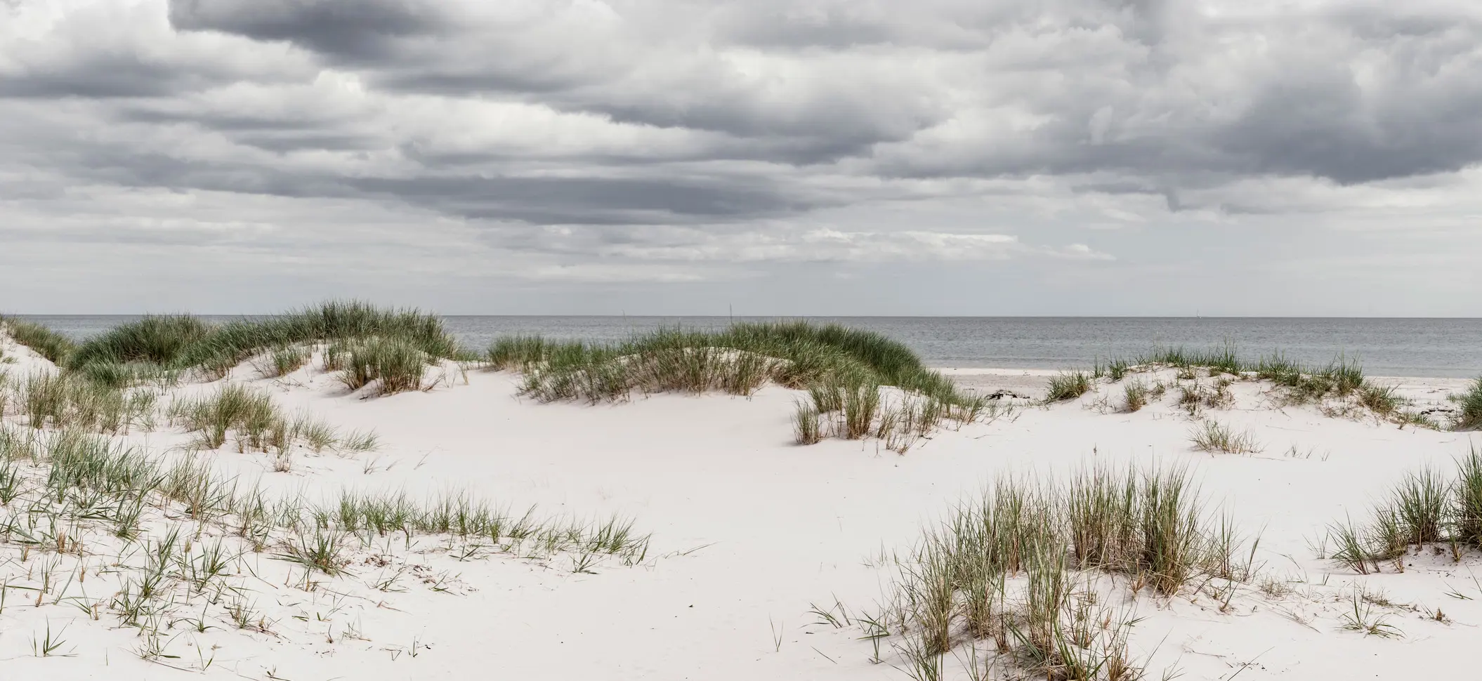 Vit sandstrand i mulet väder