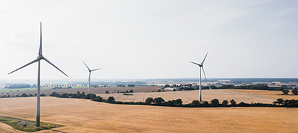 I det skånska landskapet syns vindkraftsverk. 