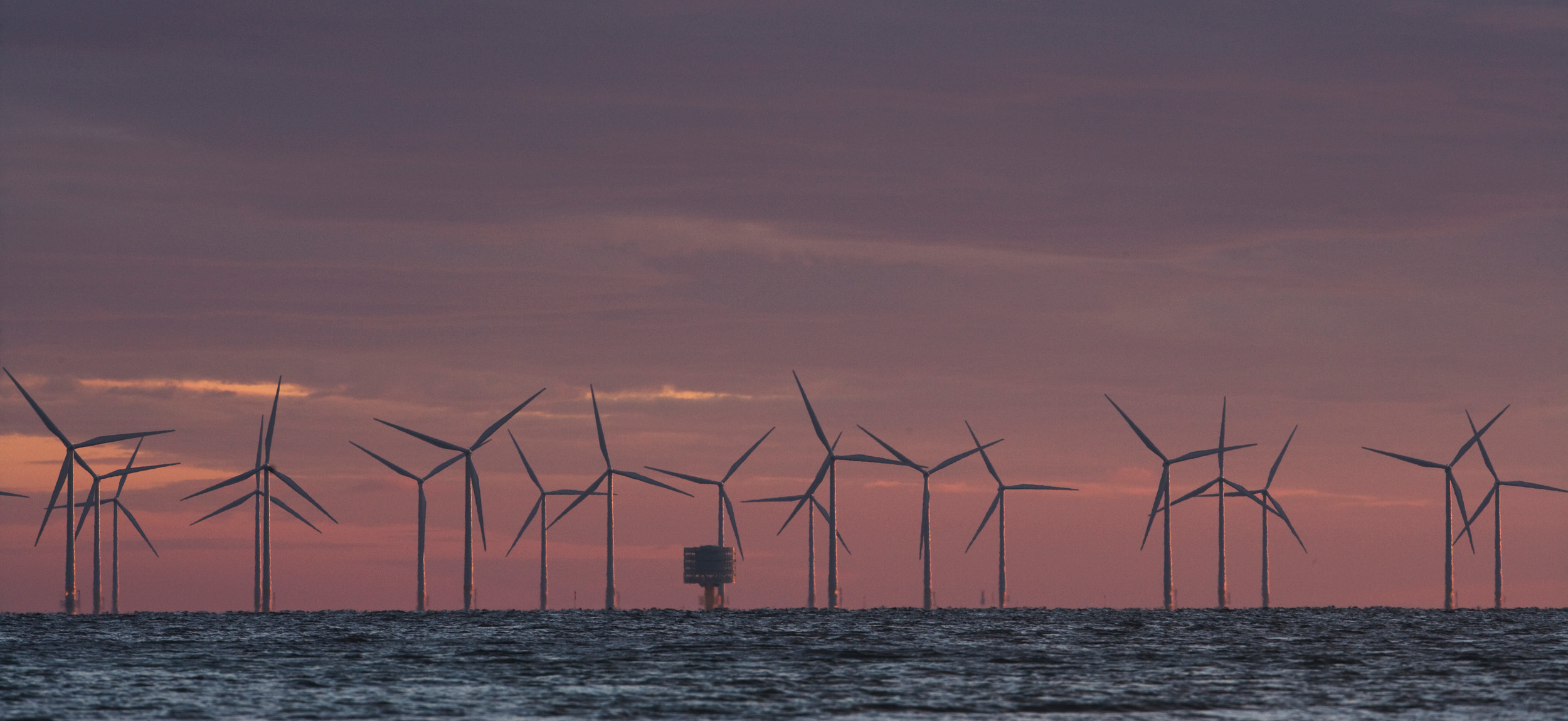 Vindkraftverk i Öresund, lila himmel i bakgrunden