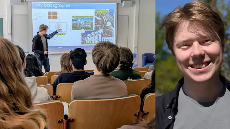 Bildkollage. En porträttbild på Fredrik Parnefjord Gustafsson, filosofie doktor och forskare på CERN och en bild från när han föreläser för skånska elever i maj 2025.