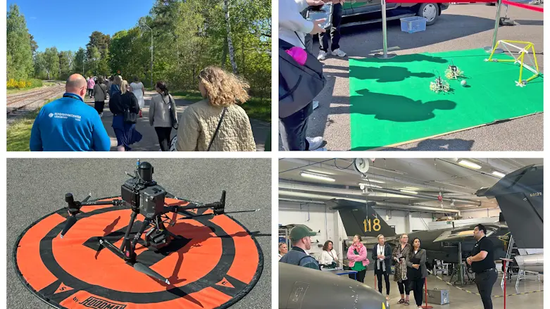 Ett bildkollage från studiebesök på Campus Ljungbyhed. En bild på en drönare, en bild på gruppen som går, en bild inne från flyghangaren och en fjärde bild på en robot som Vattenhallen Sciencecenter ställde ut på Framtidsmässan som pågick på området denna dag.